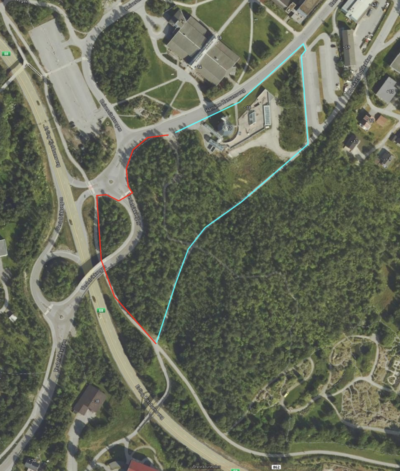 Bildet viser alternative traseer for gående og syklende.  De alternative traseene er lagt oppå et 